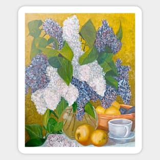 Still life with a bouquet of lilacs and fruits Sticker